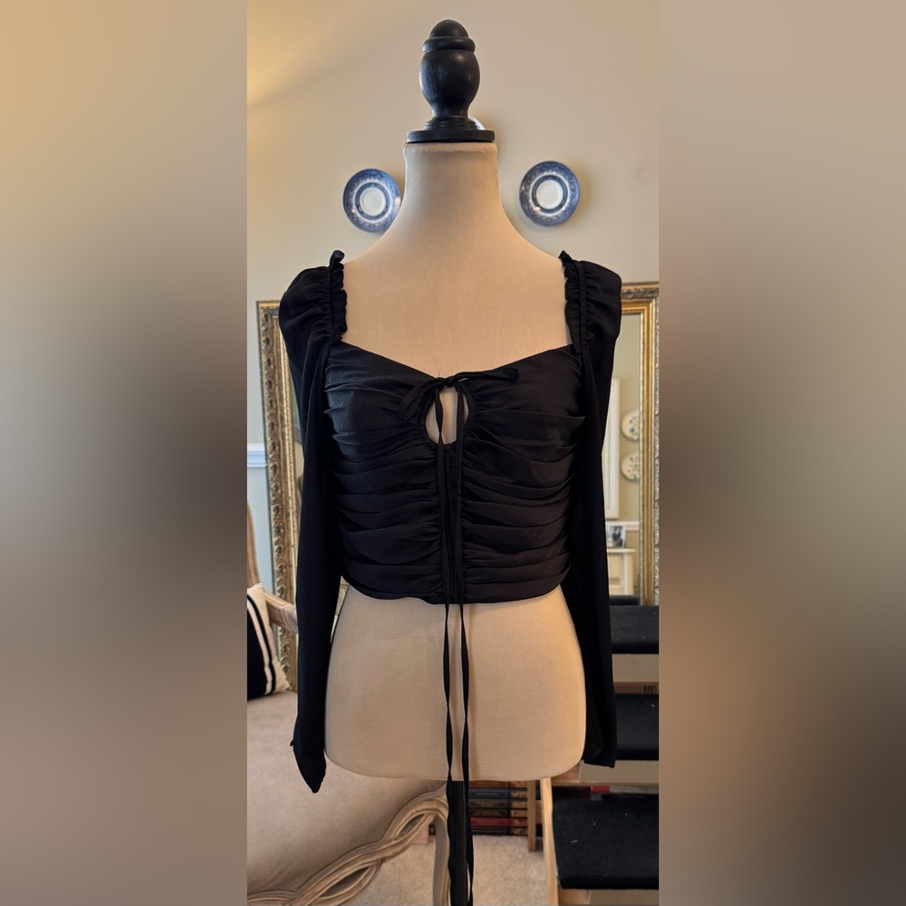 Chelsea & Violet Black Satin Long Sleeve Ruched Keyhole Blouse, NWTS, Sz 8